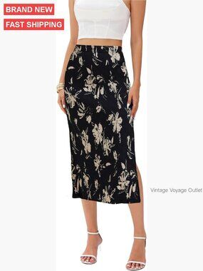 Floral Midi Skirt with Slit, Pleated Elastic Waist, Work Wear